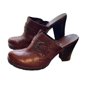 b.o.c. (Born) Brown Leather w/Buckles Chunk‎ Heel Mules Women's Size 8 M Shoes